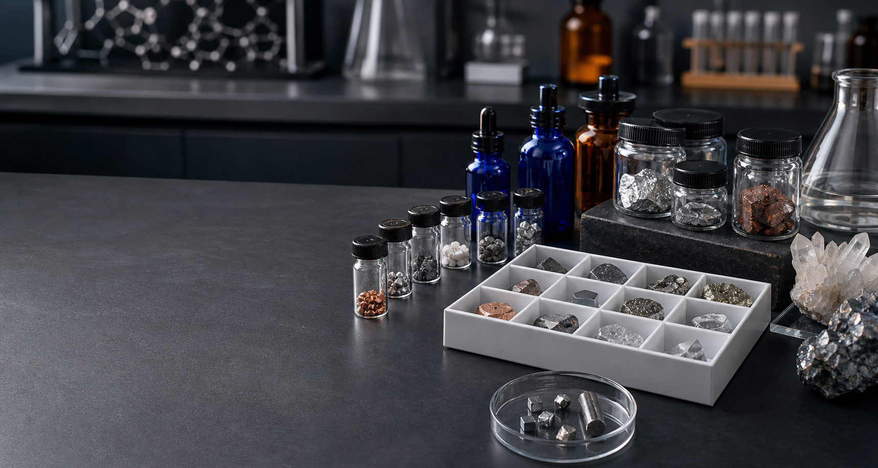 Element samples, minerals, specimen bottles, and chemistry glassware arranged on a dark display bench